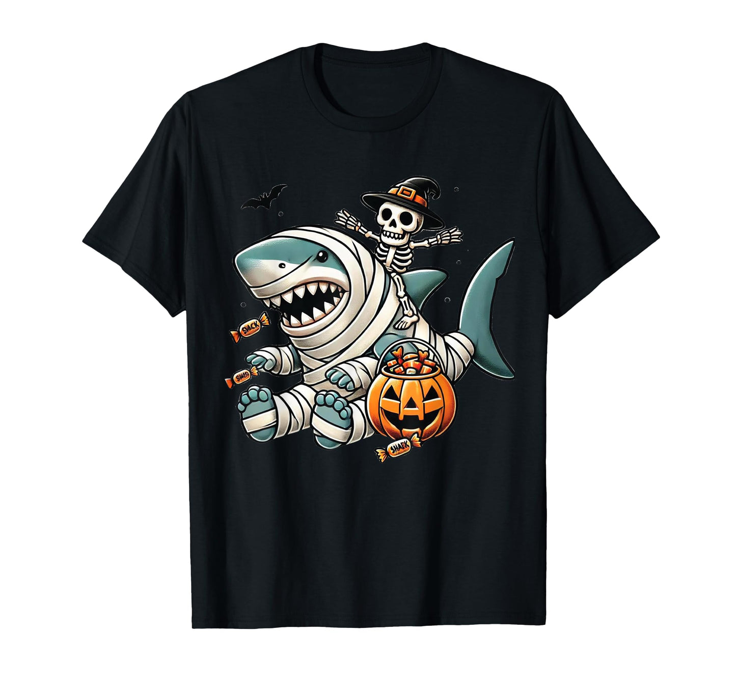 Skeleton Riding Shark Funny Halloween Pumpkin Boys Kids T-Shirt