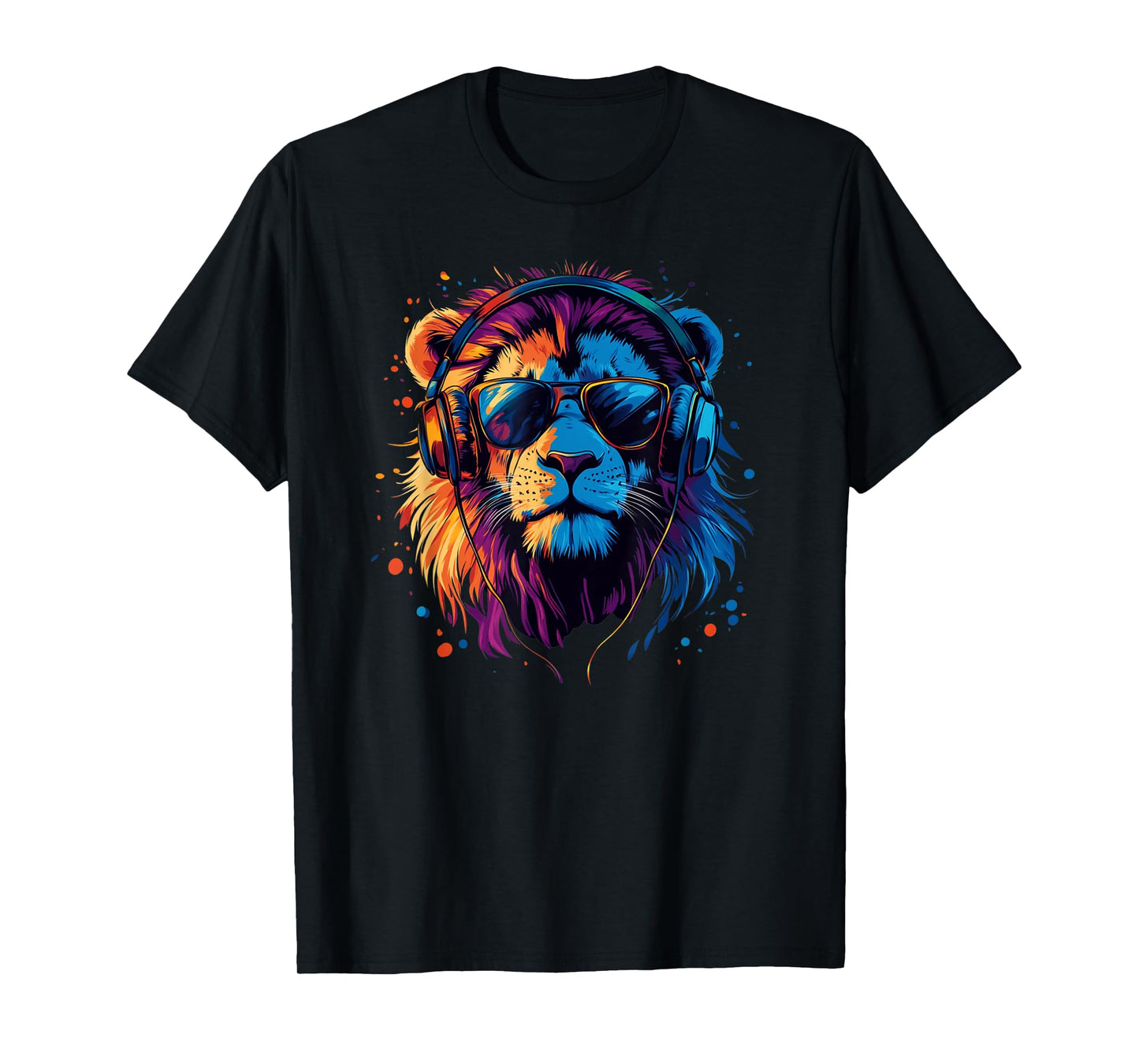 Lion Music Headphones Colourful Animal Motif Art Big Cat T-Shirt