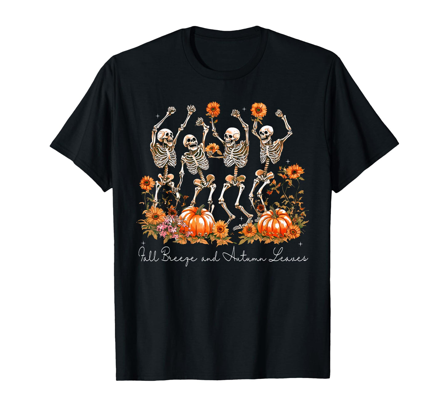 Fall Breeze and Autumn Leaves Dancing Skeleton Halloween T-Shirt