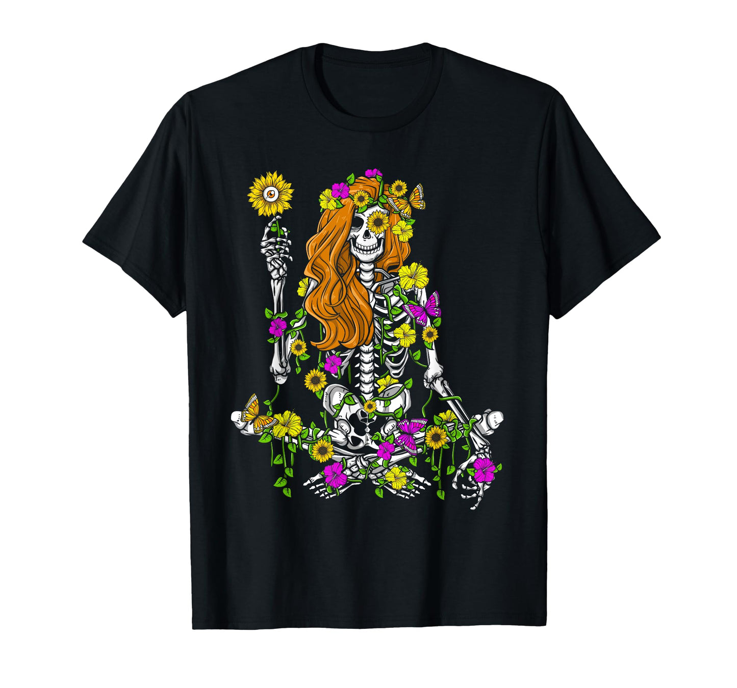 Skeleton Hippie Flowers Sunflower Lover Women Halloween T-Shirt