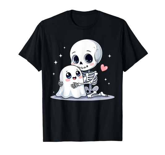 Cute Skeleton Hugging Ghost Halloween Spooky Season T-Shirt