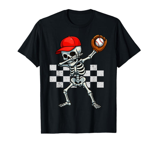 Baseball Skeleton Dabbing Checkered Sports Player T-Shirt