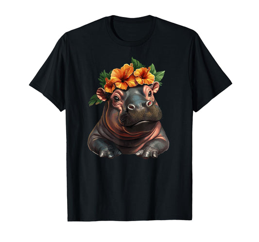 Cute Hippo With Hibiscus Flower Crown Charm T-Shirt