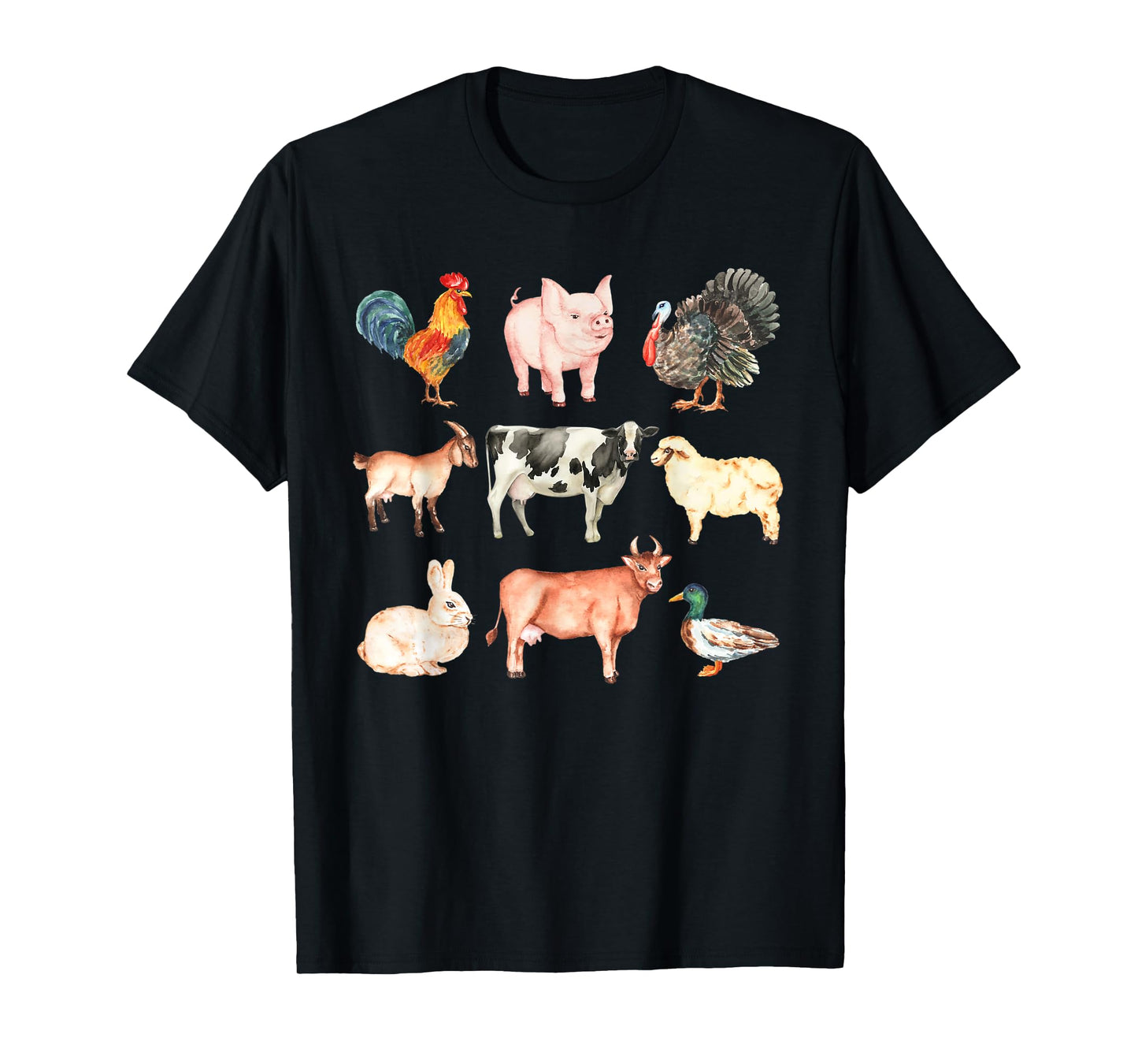 Cute Farm Animals Cow Pig Chicken Rabbit Duck Sheep and Goat T-Shirt