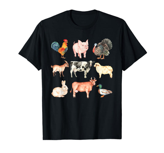 Cute Farm Animals Cow Pig Chicken Rabbit Duck Sheep and Goat T-Shirt