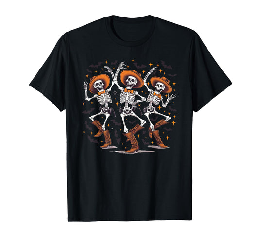 Dancing Skeleton Cowboy Western Rodeo Halloween Spooky Vibes T-Shirt