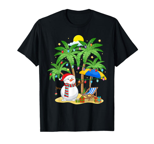 Christmas in July Snowman on Palm Tree Tropical Beach T-Shirt