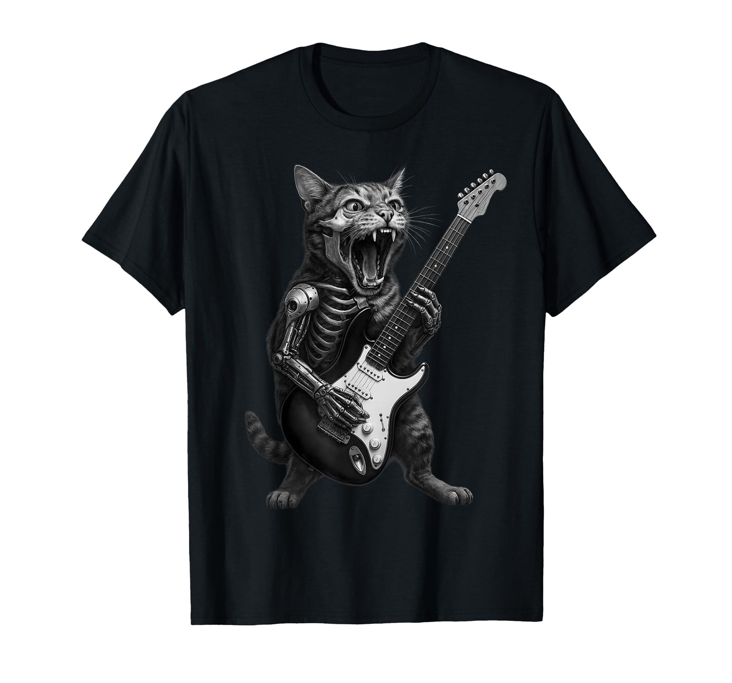 Cyborg Skeleton Cat Playing Guitar Rock and Roll Music Band T-Shirt
