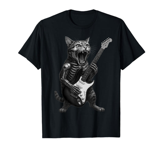 Cyborg Skeleton Cat Playing Guitar Rock and Roll Music Band T-Shirt
