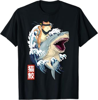 Samurai Cat Shirt - Retro Ninja Japanese Cat Shark Kanagawa T-Shirt