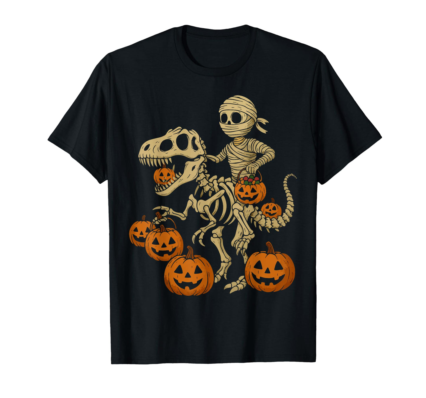 Mummy Skeleton Riding T-Rex Dinosaur Boys Kids Men Halloween T-Shirt
