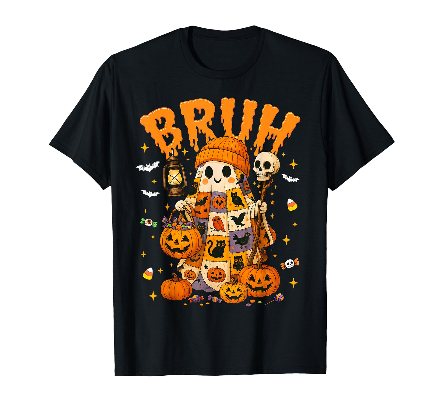 Patchwork Ghost Trick Or Treat Bruh Halloween Candy Kids T-Shirt