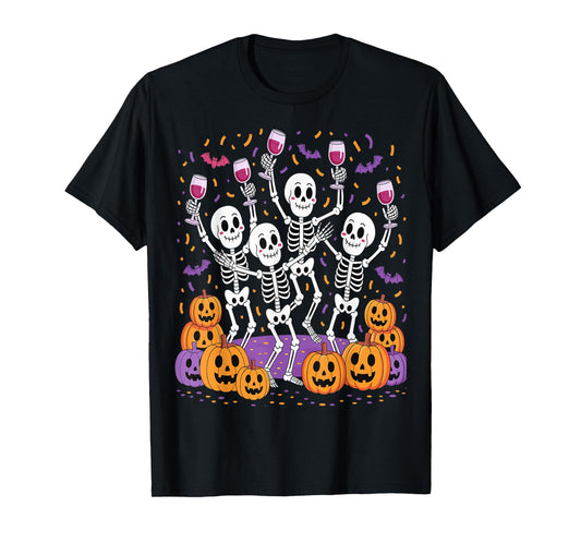 Dancing Skeletons Drinking Wine Funny Halloween Party Tee T-Shirt