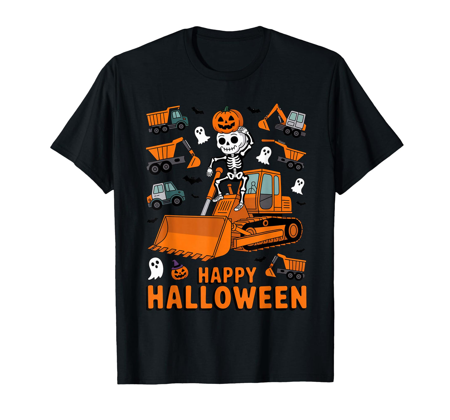 Happy Halloween Skeleton on BULLDOZERs with Trucks T-Shirt