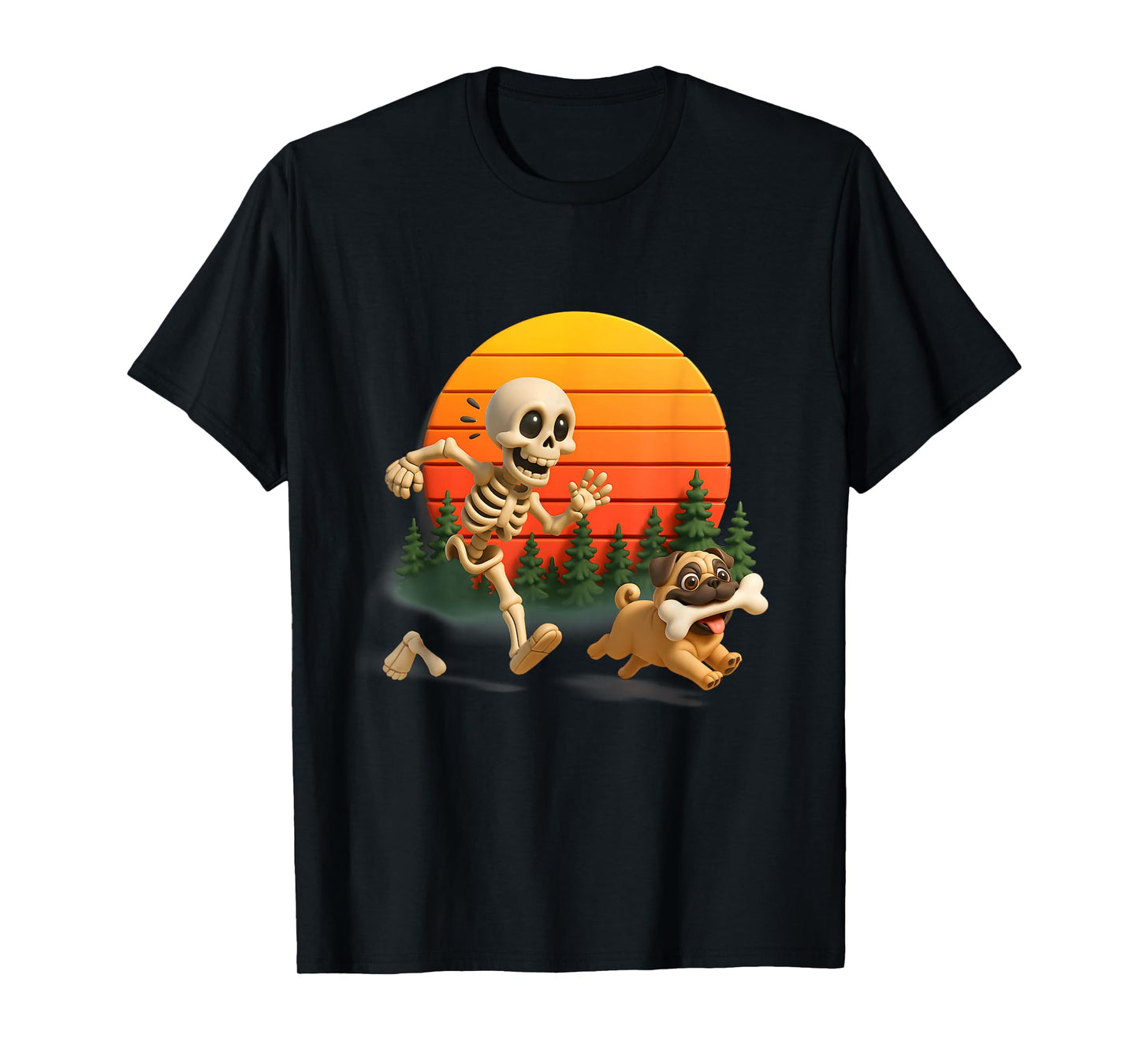 Funny Pug Dogs Ste ALS Bone from Skeleton Halloween Sunset T-Shirt