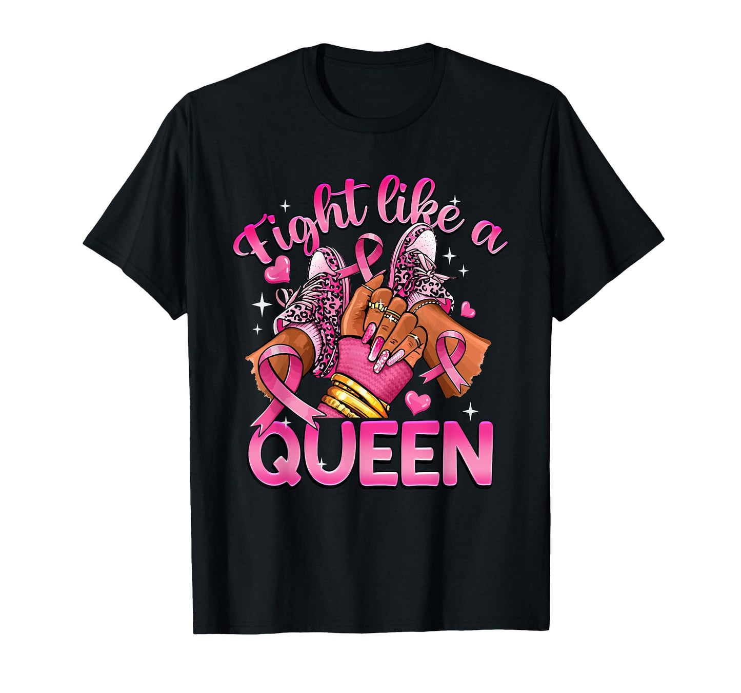 Fight Like A Queen Breast Cancer Afro Girl Nail T-Shirt