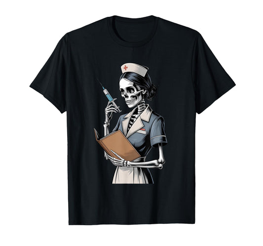 Halloween Gothic Skeleton Nurse with Syringe T-Shirt