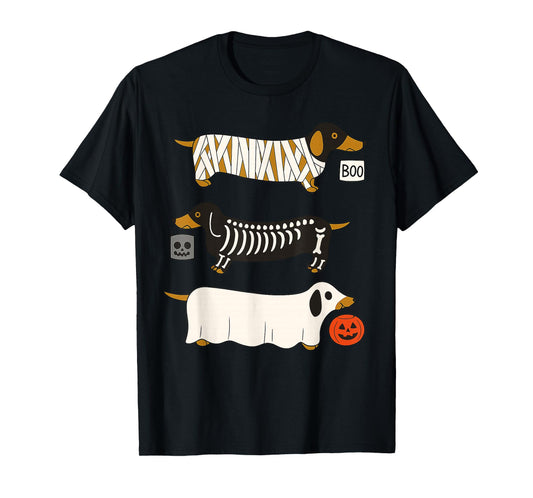 Cute Halloween Dachshund Dogs Skeleton and Ghost Costumes T-Shirt
