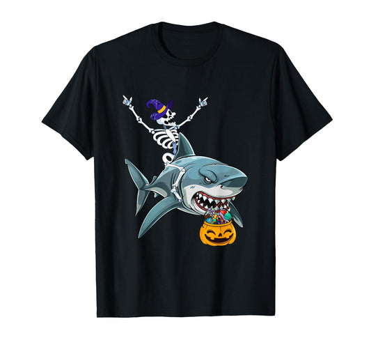 Cute Halloween Witch Skeleton Riding Shark Kids Men Women T-Shirt
