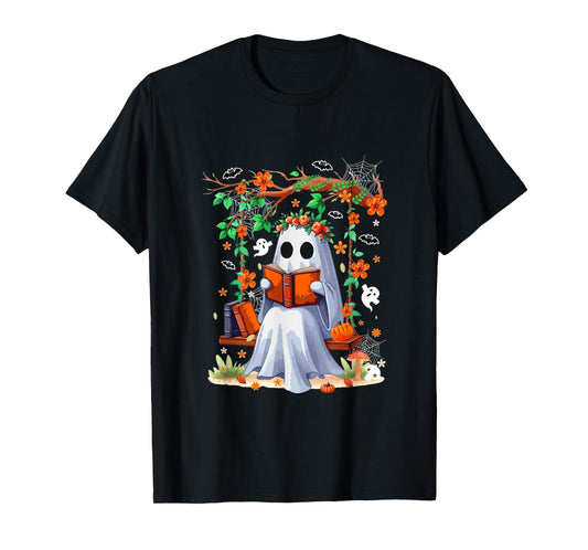Cute Boo On Swing Reading Book Halloween Colorful Flowers T-Shirt