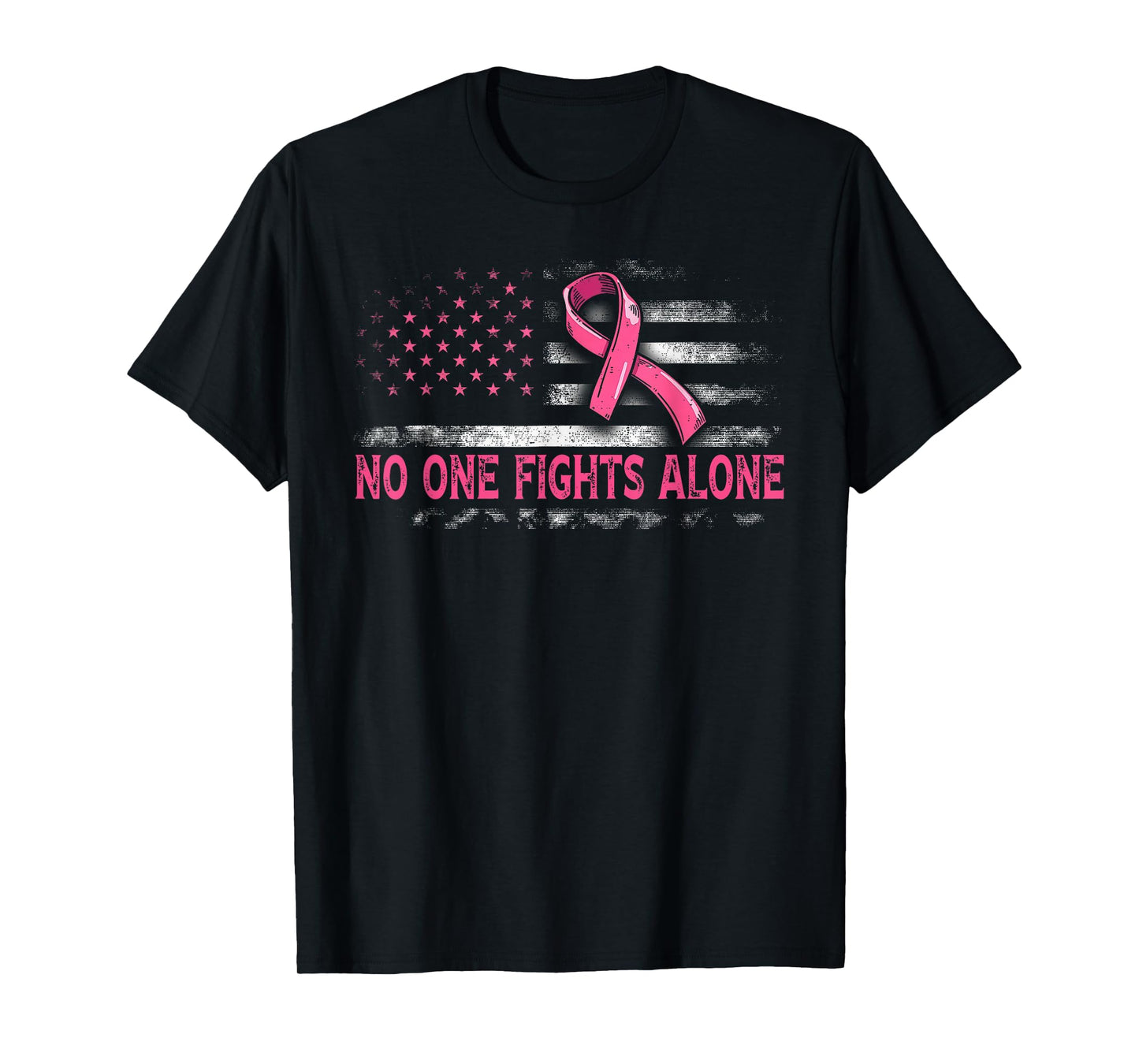 No One Fights Breast Cancer Alone American Flag Pink Ribbon T-Shirt