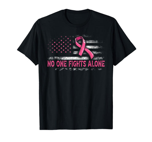 No One Fights Breast Cancer Alone American Flag Pink Ribbon T-Shirt