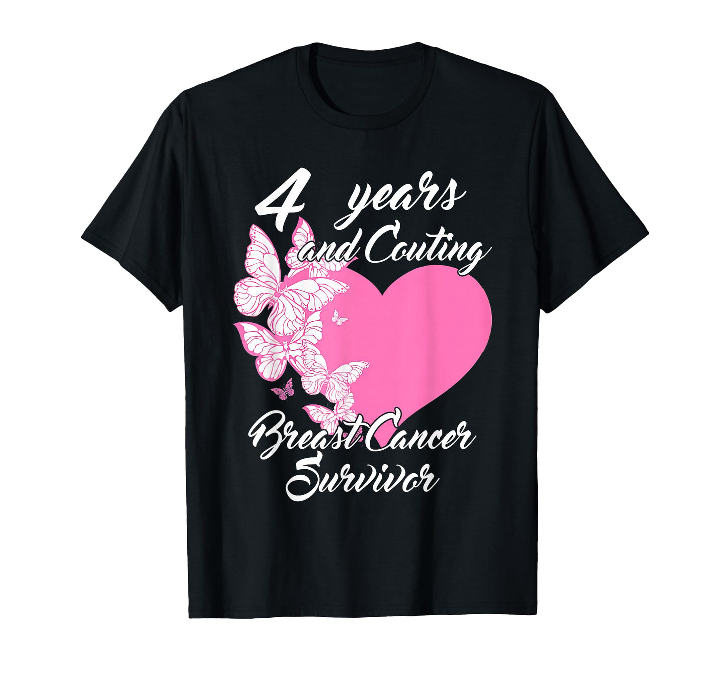 Survivor 4 Years Cancer Free Breast Cancer Butterfly Heart T-Shirt