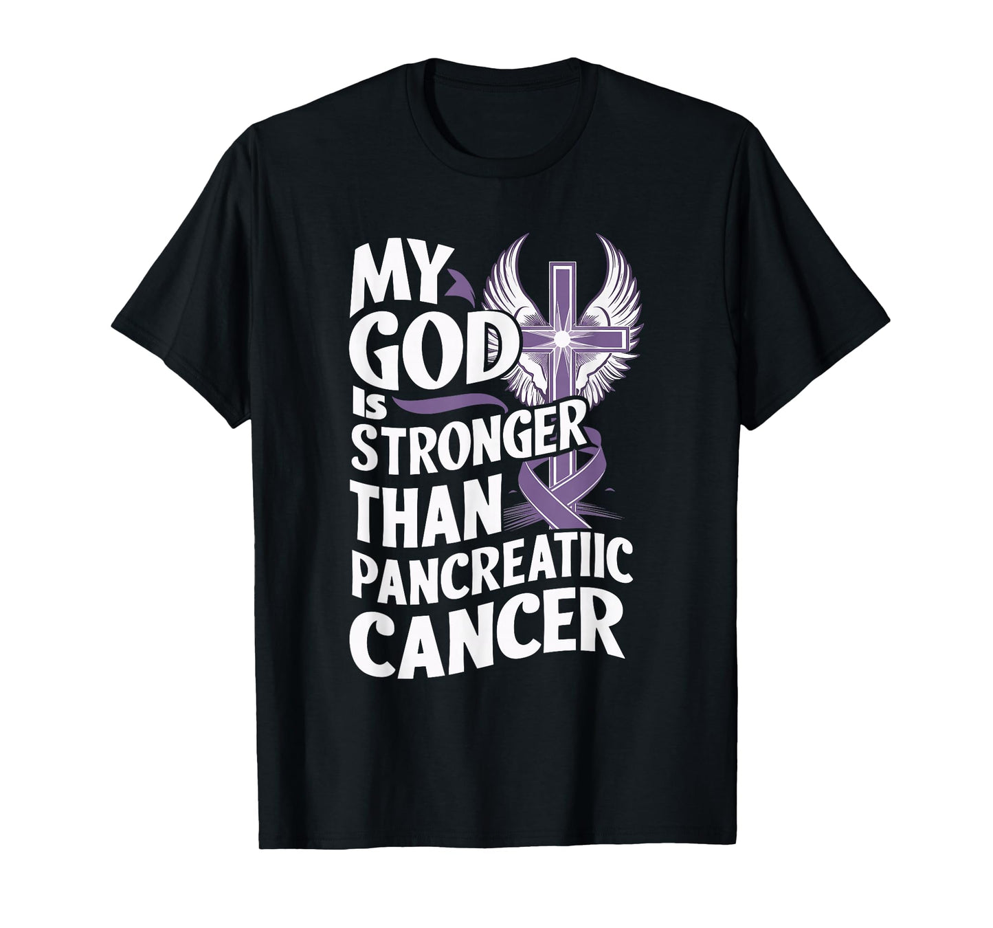 My God Is Stronger Than Pancreatic Cancer Purple Ribbon T-Shirt