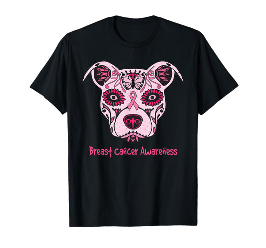Sugar Pitbull Dog Breast Cancer Awareness Day Of The Dead Men Women Girls Kids T-Shirt