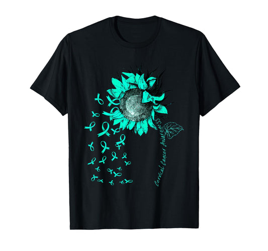 CERVICAL CANCER AWARENESS Sunflower Teal Ribbon T-Shirt