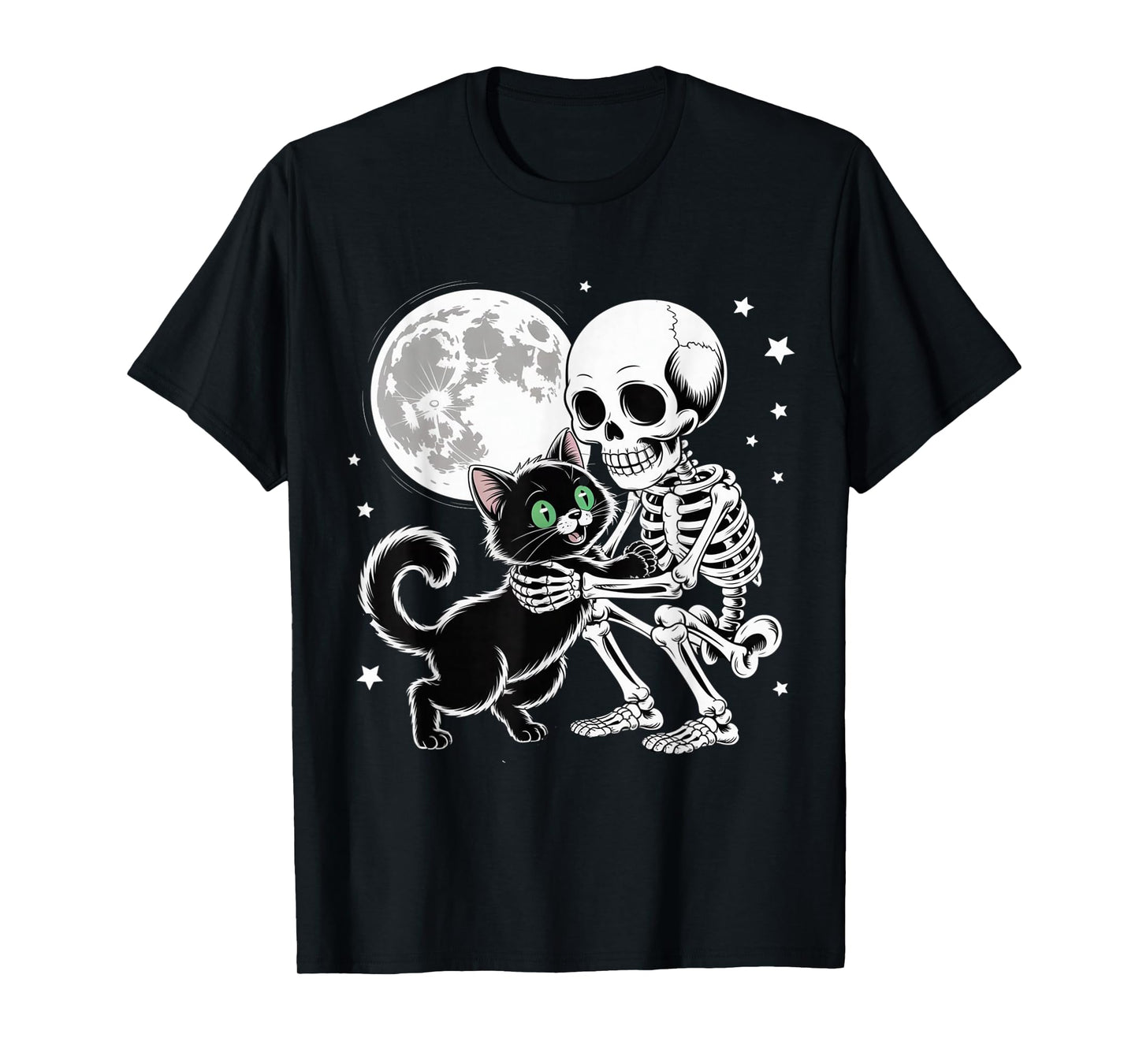 Skeleton Hugging Black Cat Under Full Moon Halloween T-Shirt