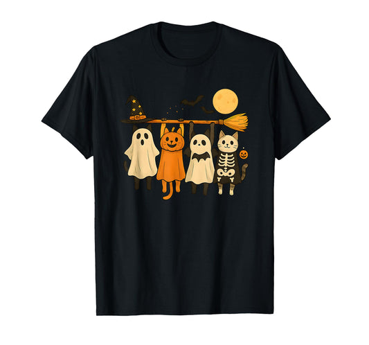 Cute Halloween Cat Ghost Pumpkin Skeleton T-Shirt