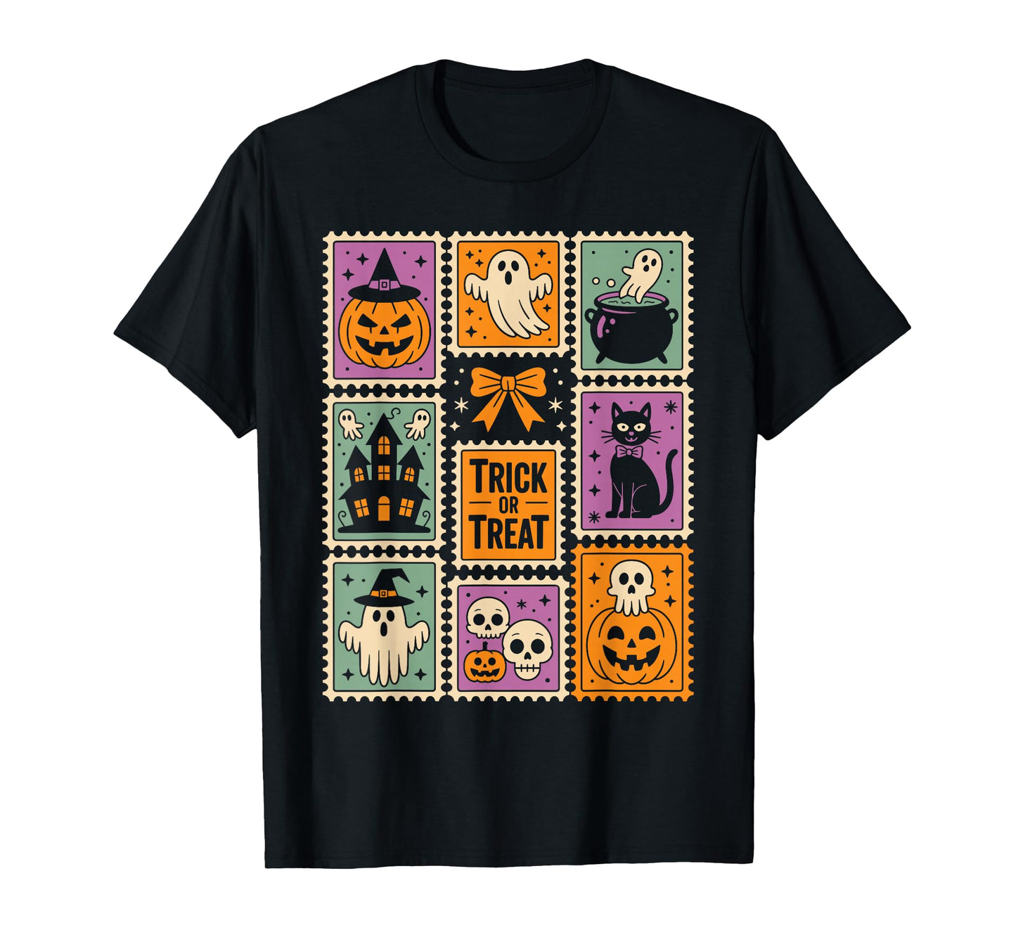 Halloween Stamps Spooky Pumpkin Ghost Cat Witch Skeleton T-Shirt