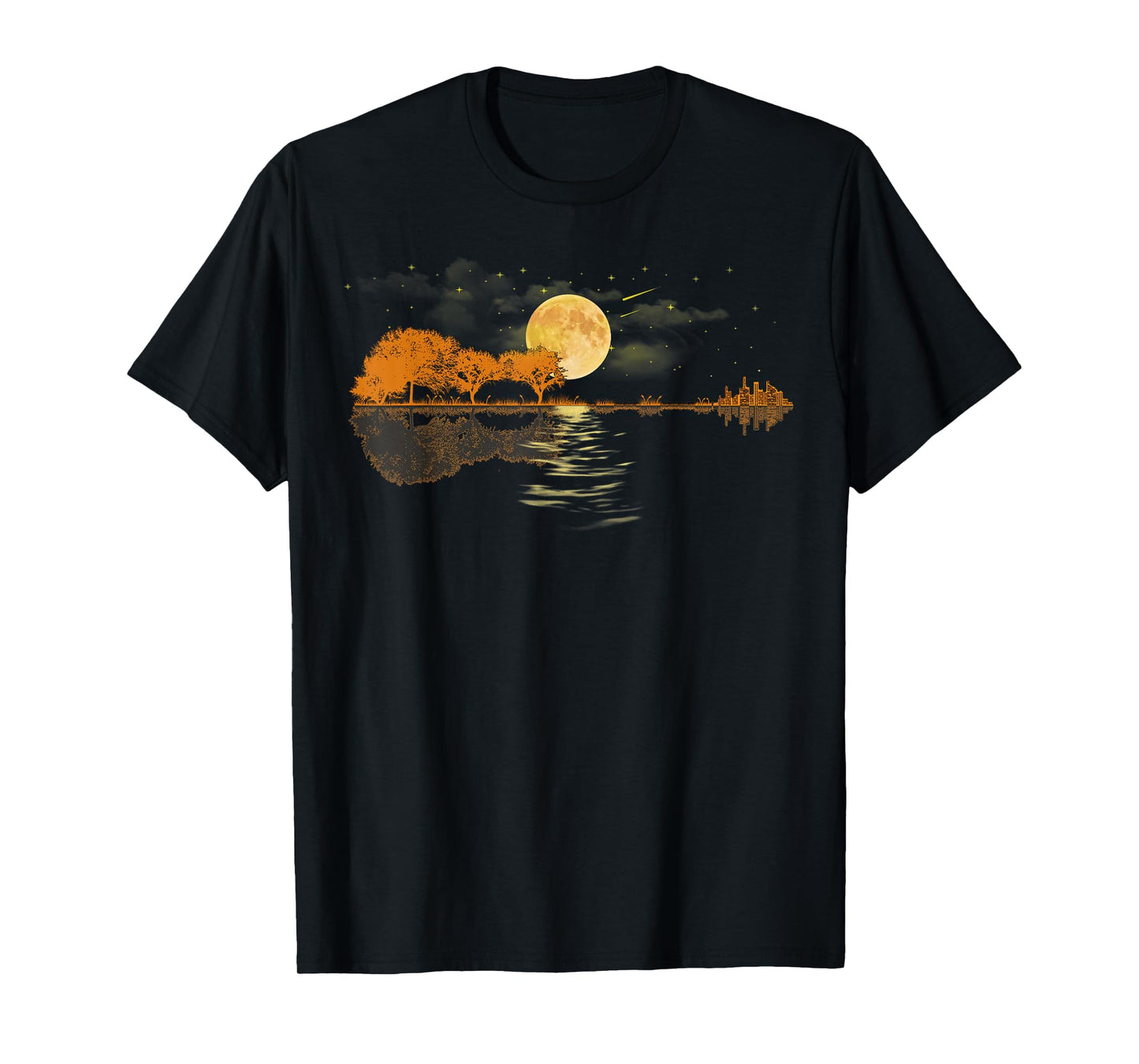 Guitar Moonlight Nature Lake Shadow, Musician Black Unisex-Adults T-Shirt