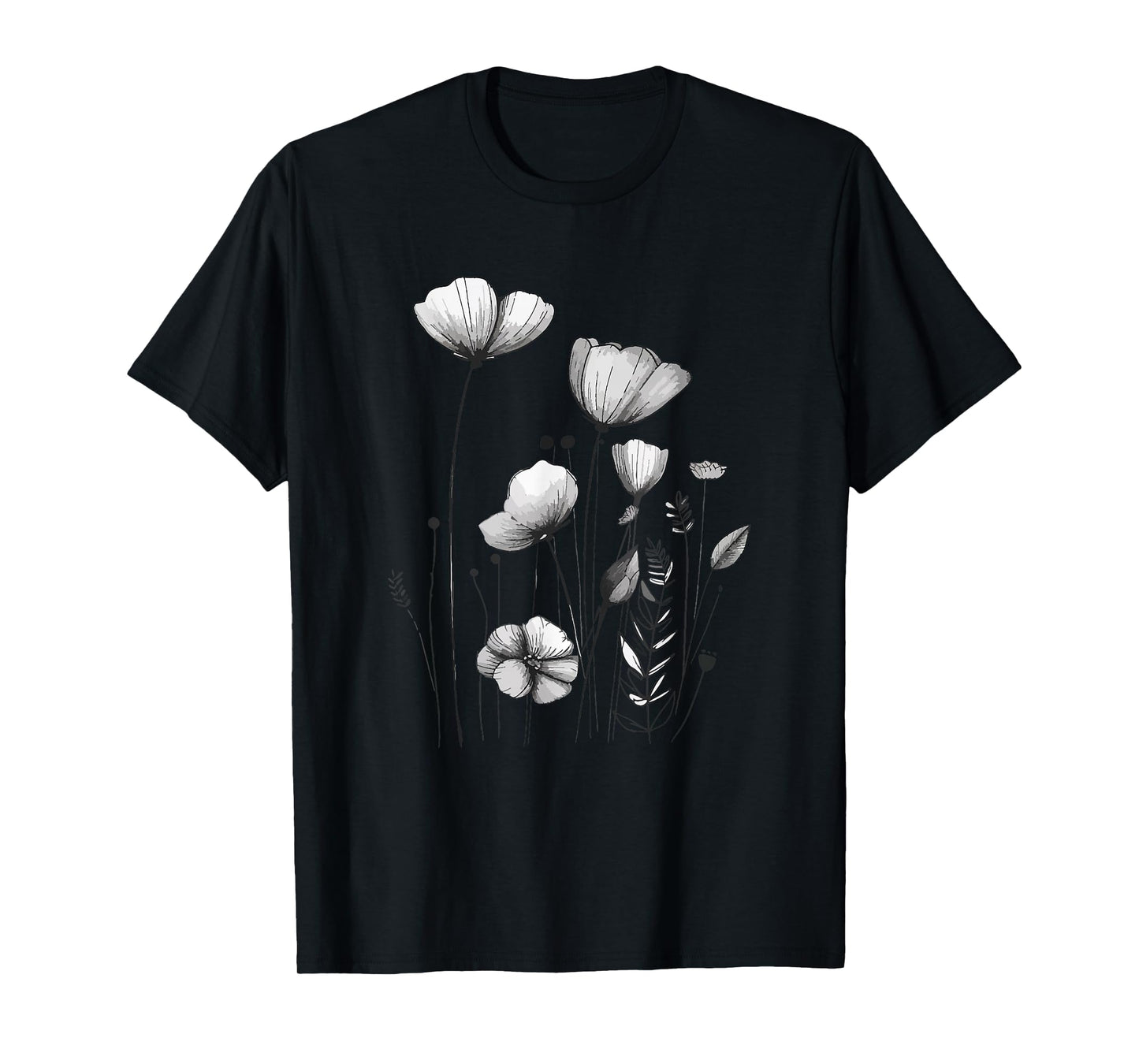 Black and White Botanical Flower Illustration T-Shirt