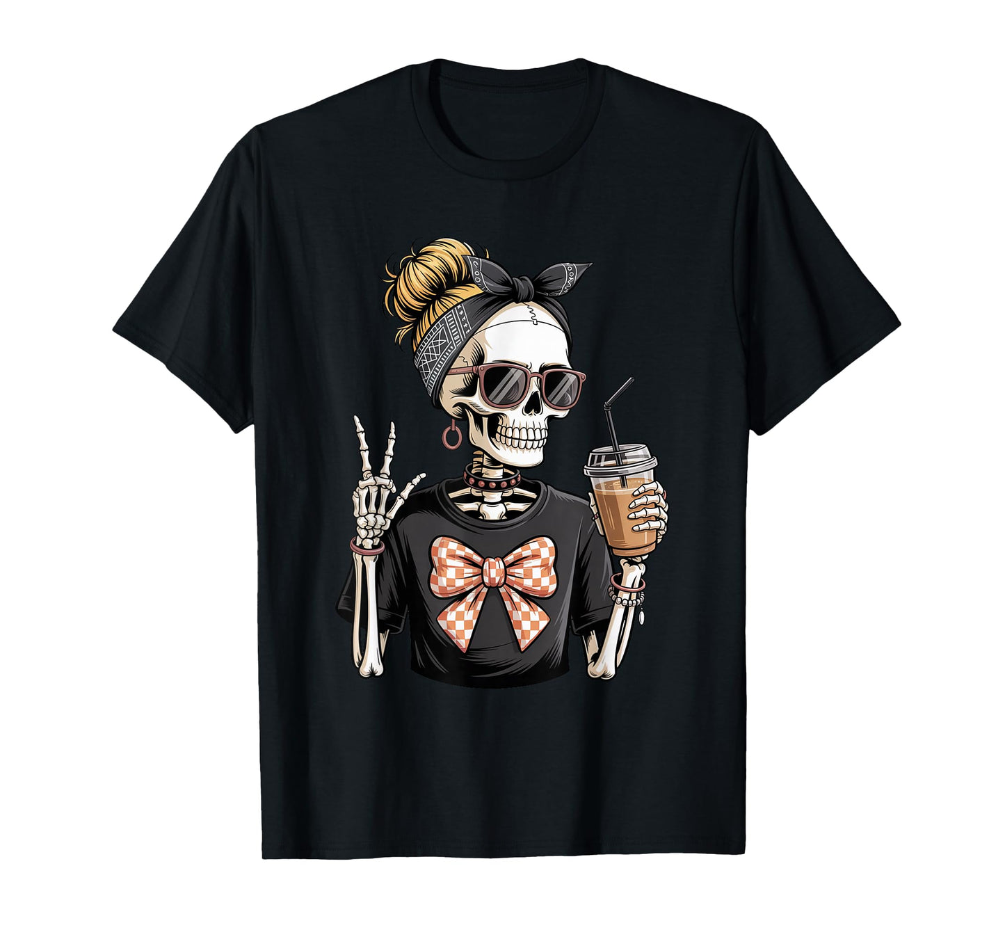 Skeleton Girl Drinking Coffee Peace Sign Graphic for Women T-Shirt