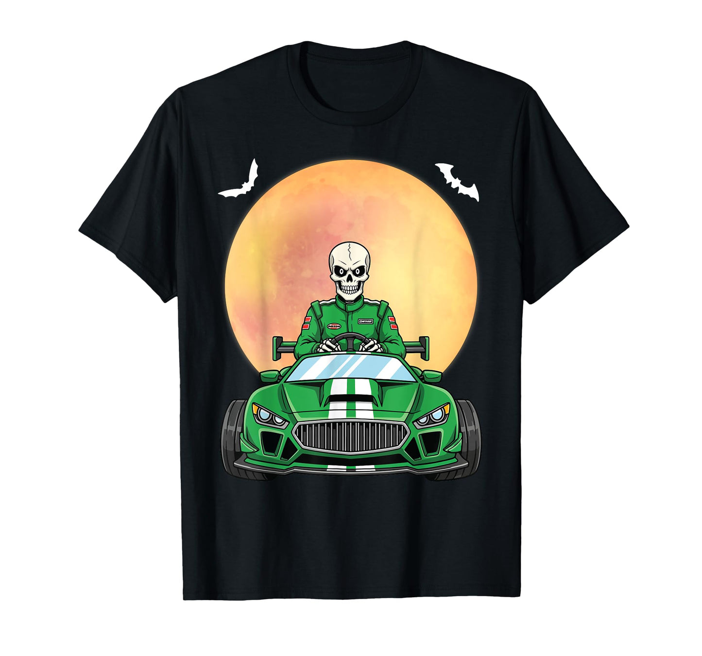 Funny Skeleton Racer Auto Racing Halloween Under Full Moon T-Shirt