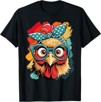 cute Women Girl Chicken With Bandana Headband and Glasses T-Shirt