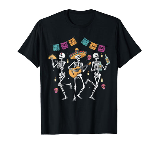 Dancing Skeletons Sombrero Tequila Tacos Día de Los Muertos T-Shirt