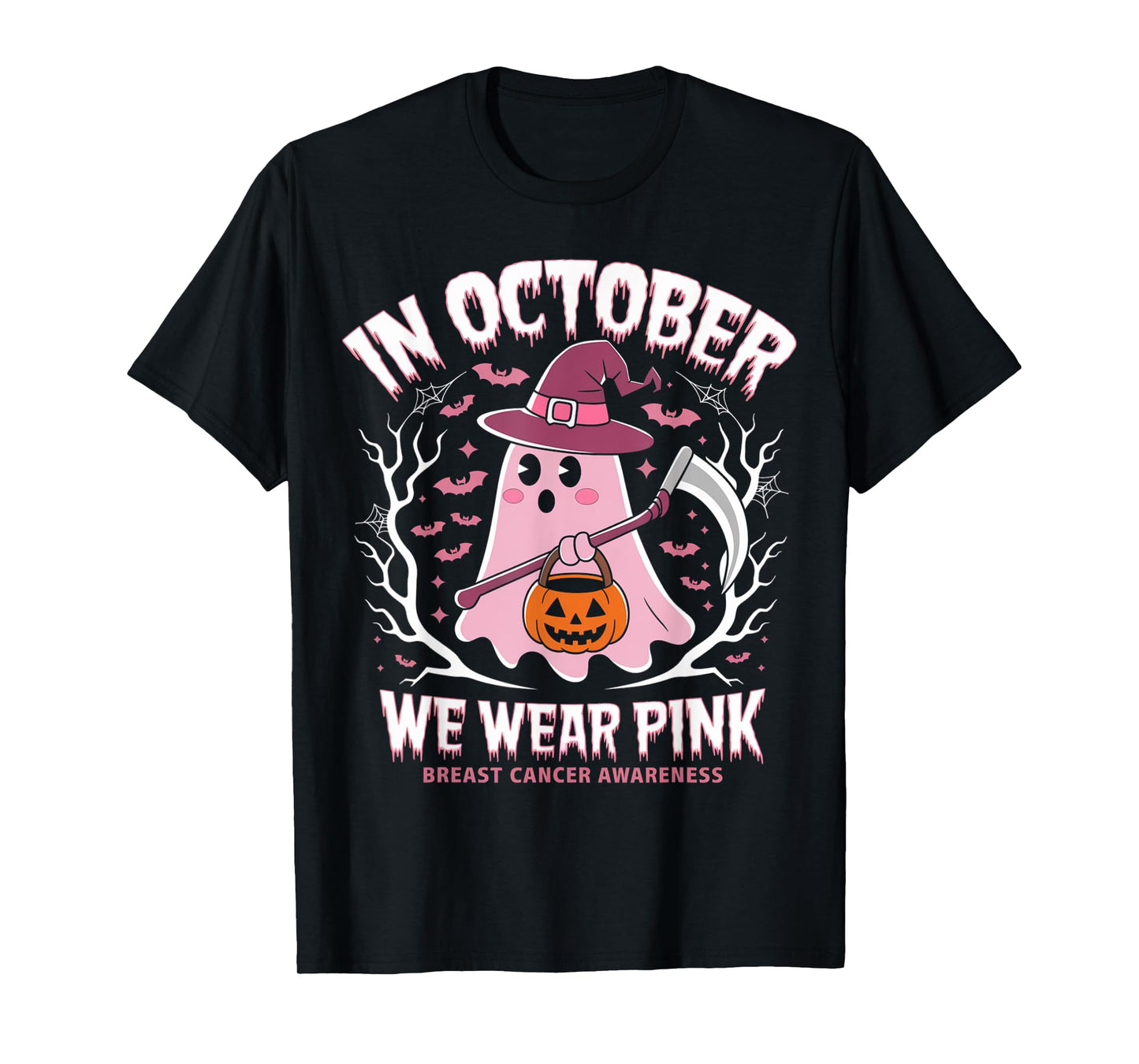 Breast Cancer Women Halloween Ghost In October We Wear Pink T-Shirt