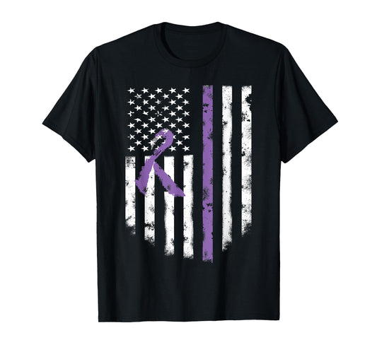 All Cancer Awareness Shirt Lavender Ribbon American Flag Tee T-Shirt for Women Girls Kids Men