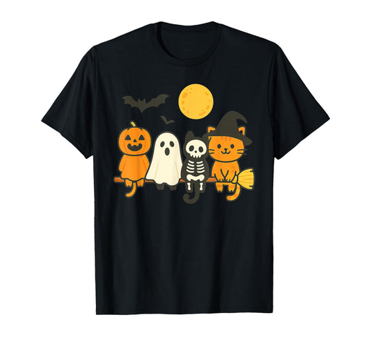 Cute Halloween Cat Ghost Pumpkin Skeleton T-Shirt