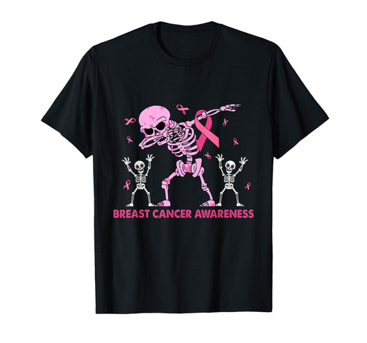Dabbing Skeleton Halloween Pink Ribbon Breast Cancer Fighter T-Shirt