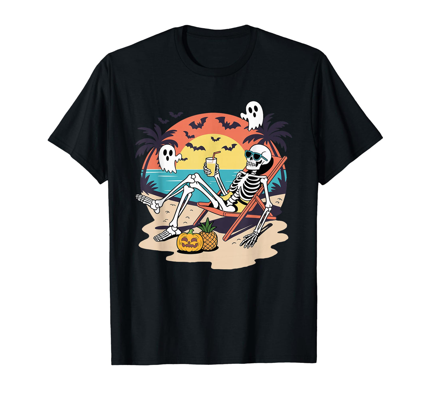 Skeleton Relaxing on Beach with Pumpkin T-Shirt