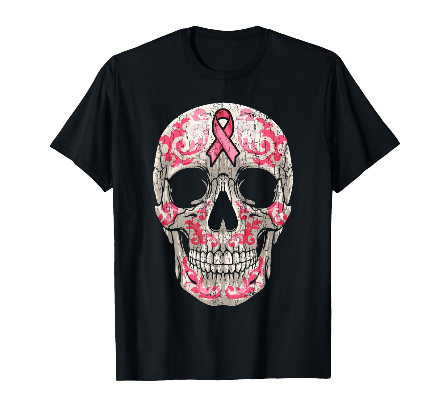 Breast Cancer Awareness Graphic Ribbon Sugar Skull Calavera T-Shirt