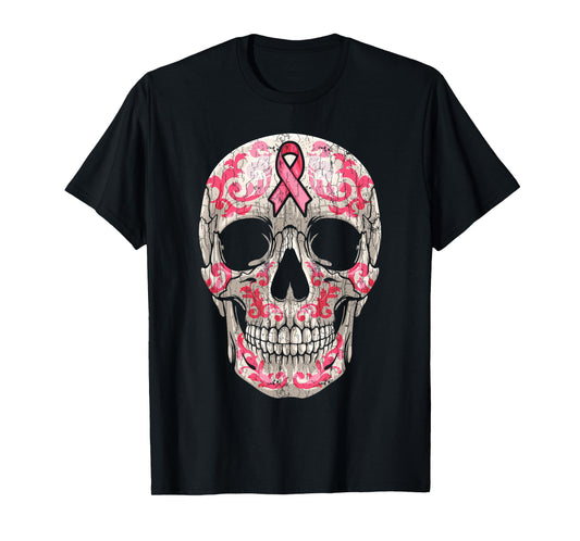 Breast Cancer Awareness Graphic Ribbon Sugar Skull Calavera T-Shirt