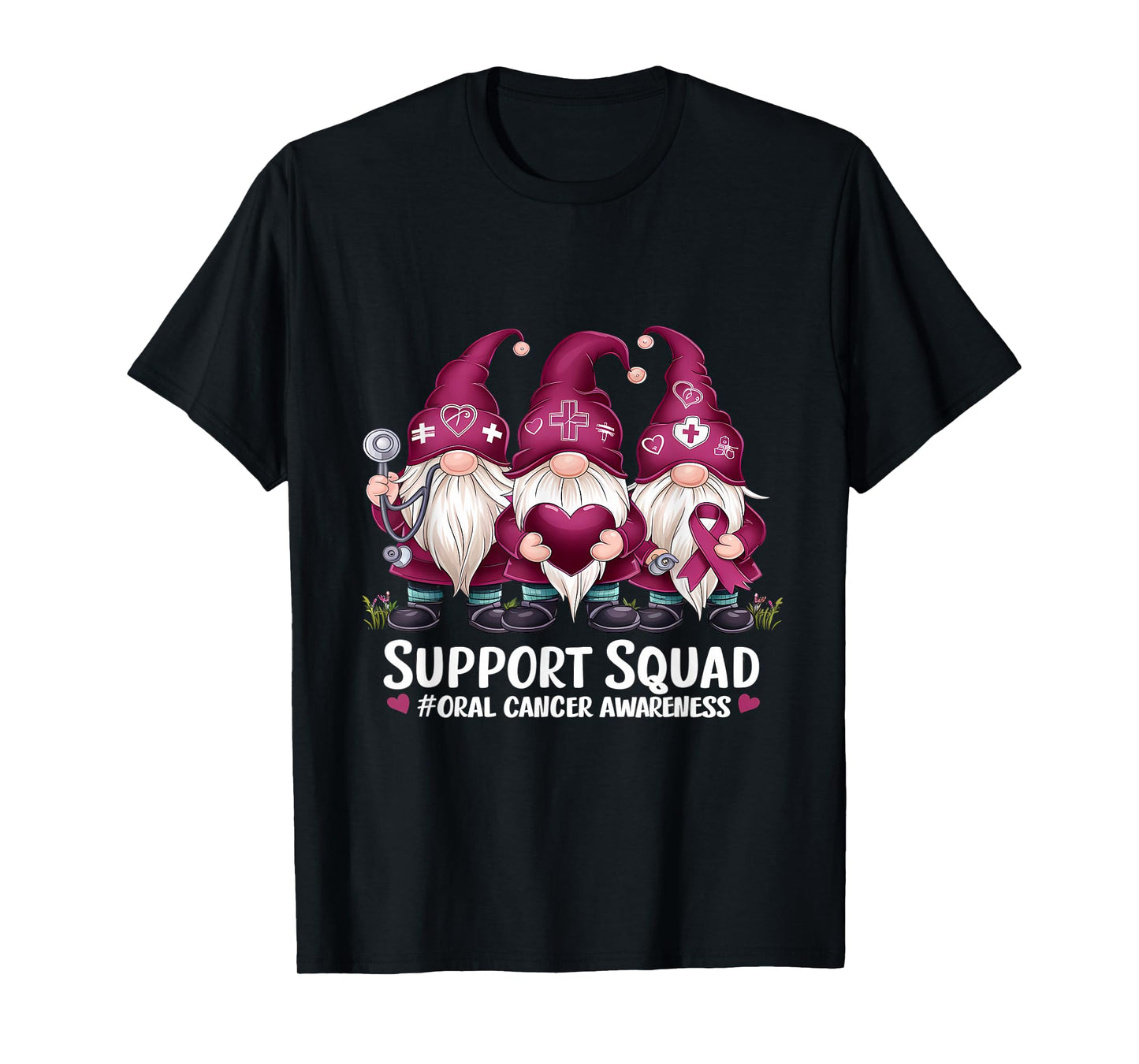 Oral Cancer Awareness Gnome Burgundy Ribbon Support Squad T-Shirt