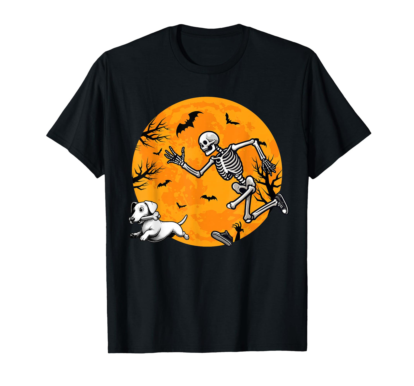 Halloween Dog Skeleton Chasing Dog Halloween Dachshund T-Shirt