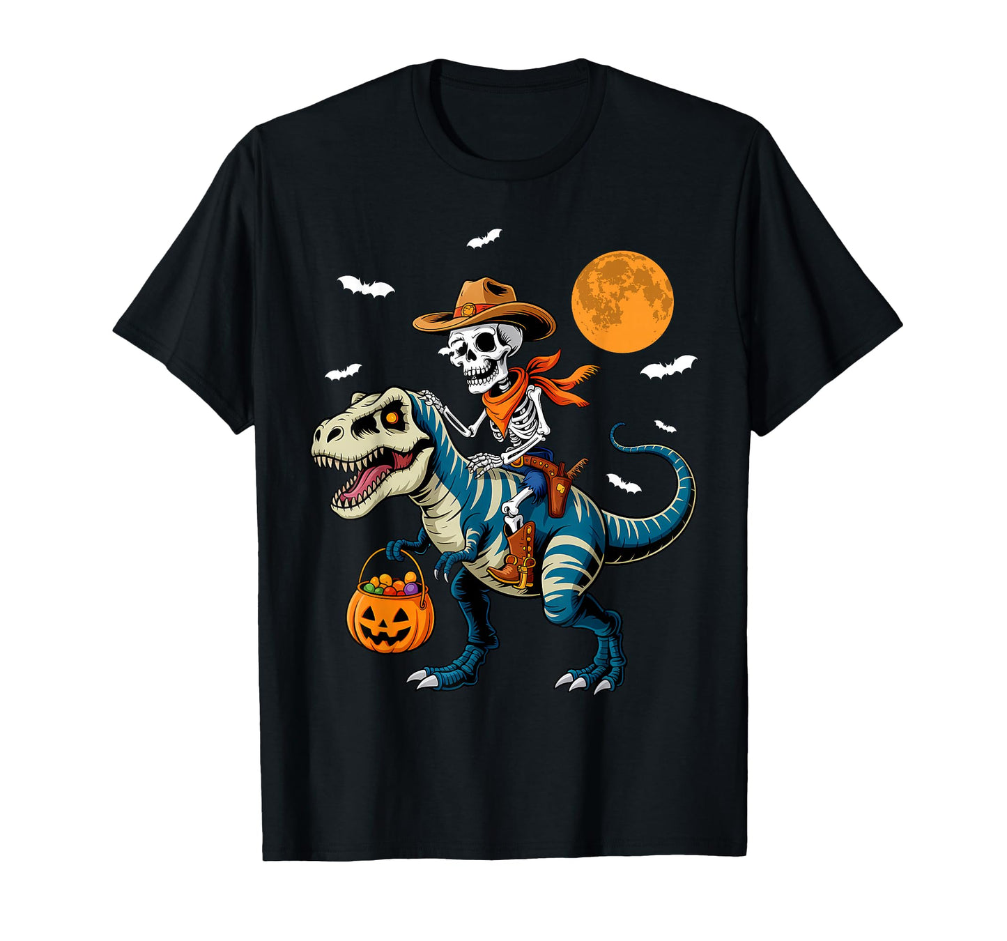 Skeleton Riding Mummy Dinosaur T-rex Funny Halloween Pumpkin T-Shirt
