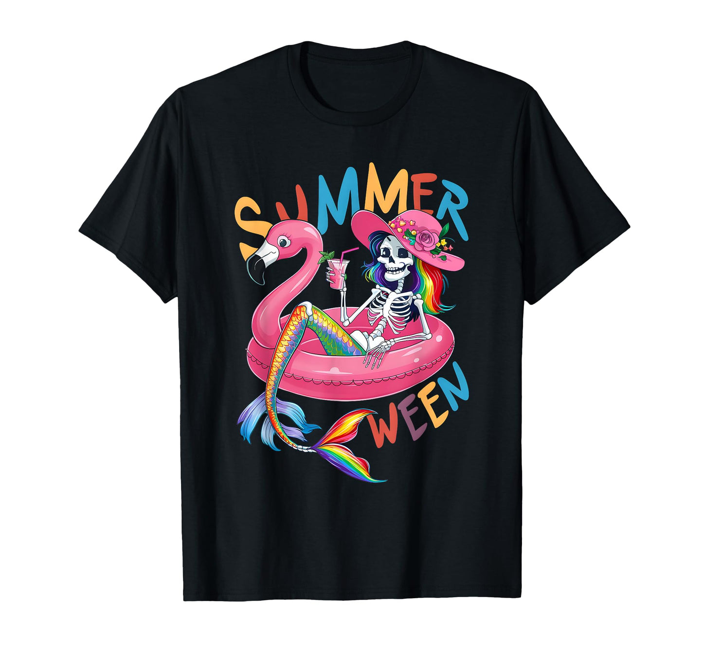 Summerween Mermaid Skeleton Flamingo Summer Halloween Women T-Shirt